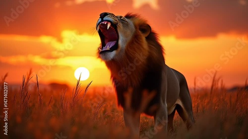 Male lion placed in open savannah field while roaring in glowing sunset light. Wildlife concept seamless looping time-lapse 4k video background
