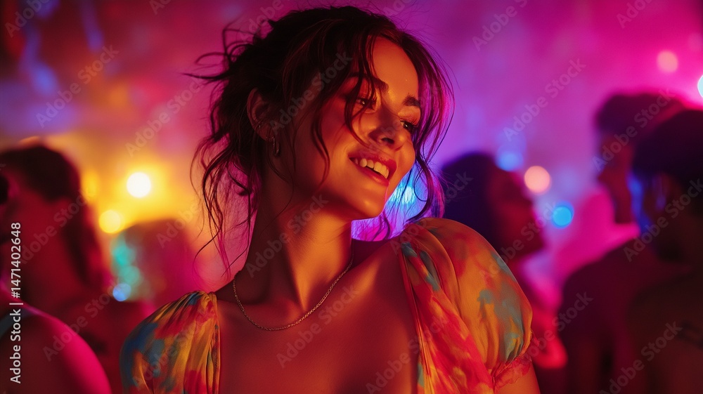 Naklejka premium At a nightclub, a joyful Hispanic girl wearing vibrant clothing is dancing to music while dancing in neon lights.