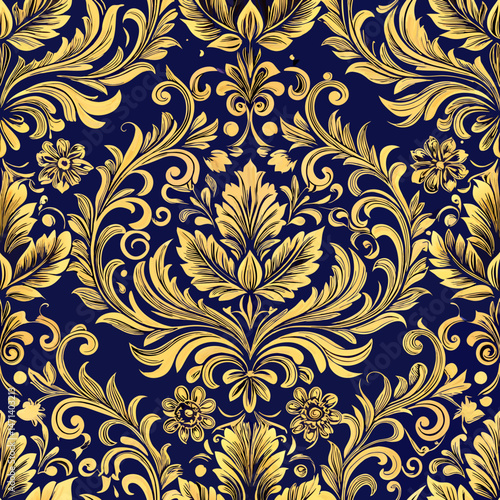 Luxurious gold damask seamless vector pattern on dark blue background  