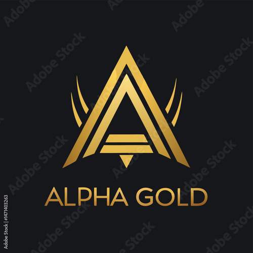 Vector illustration featuring a modern logo design with sharp angles and gold elements for a brand named Alpha Gold