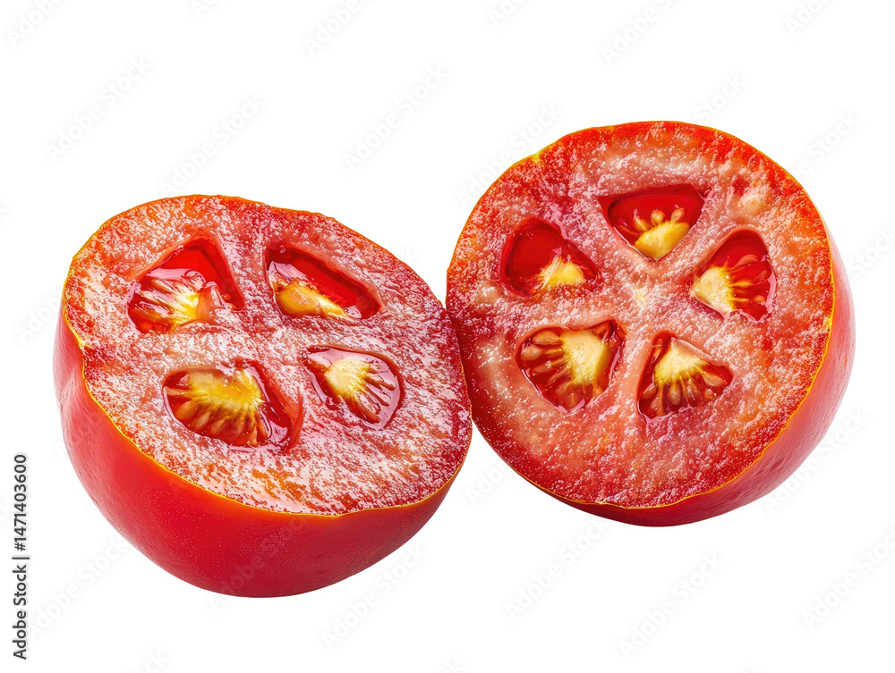 Two halves of a tomato, a unique cut Two halves of a tomato, a unique cut