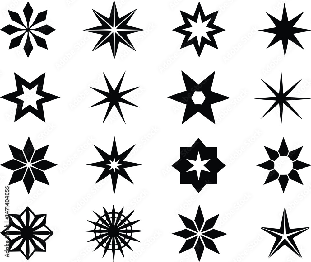 Set of sparkling stars icons. decorative twinkle and bursts forms, abstract shining flash symbols, glowing light effect vector graphic elements collection Set of sparkling stars icons. decorative twinkle and bursts forms, abstract shining flash symbols, glowing light effect vector graphic elements collection