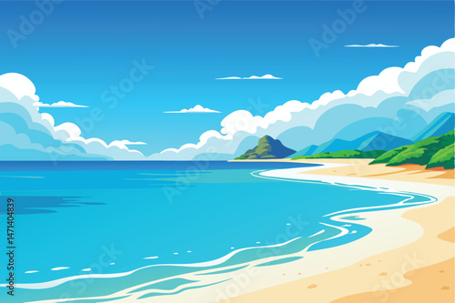 Beautiful beach landscape with clear blue water and lush greenery under a bright sky