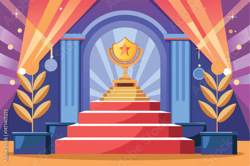 Vector illustration of a trophy stage with vibrant colors and decorative elements representing award ceremonies and celebrations