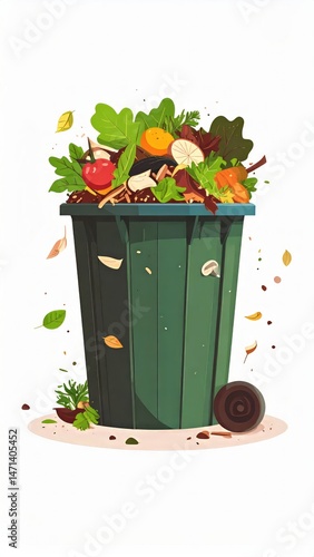 Cartoon illustration of a green compost bin overflowing with food scraps and organic waste for environmental awareness and sustainability