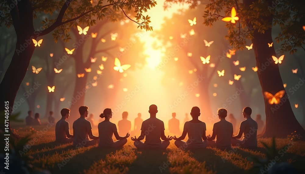 Fototapeta premium Meditation Group in Forest with Glowing Butterflies