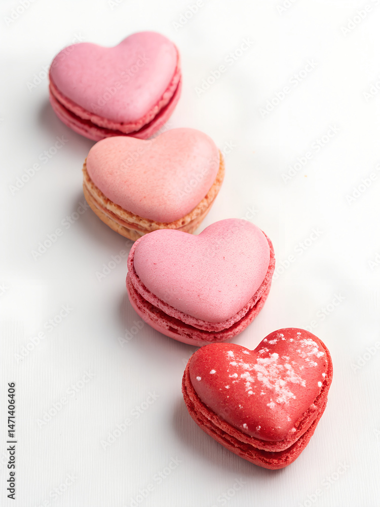 Fototapeta premium Four heart-shaped macarons in pink and red are arranged diagonally on a white surface