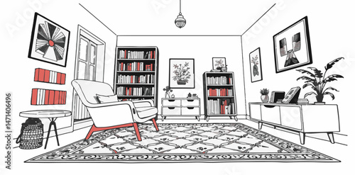 Cozy illustration vector of a living room with arm chair, rug, and bookshelves.