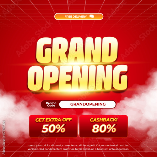 Grand Opening Sale discount deals Dynamic bright Red gradient Editable text effect Cloudy style Promo code Cashback Extra discount Promotion Marketing banner template