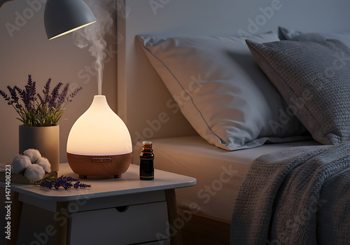 Serene bedroom ambiance with aromatherapy diffuser and calming lavender scent