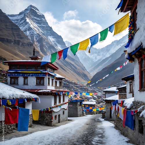 Himalayan village nestled between peaks, prayer flags fluttering in icy winds