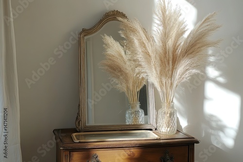 Vintage chest with art deco frame mirror tray and pampas grass in tall vase