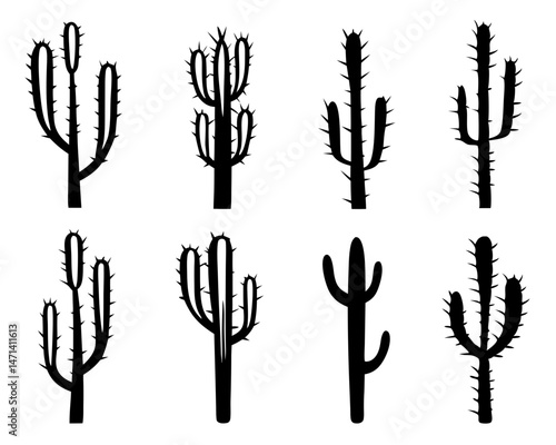 Simple Black Cactus Silhouette Icon Set, Bold Black Western Desert Style Plants

