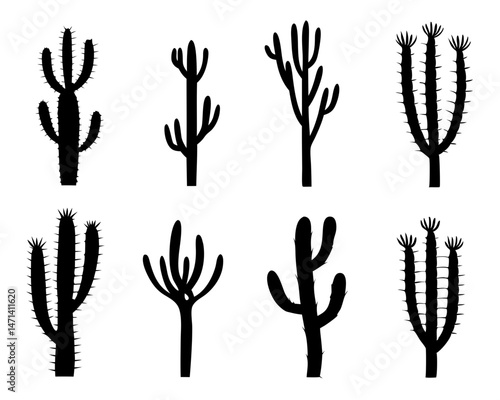 Simple Black Cactus Silhouette Icon Set, Bold Black Western Desert Style Plants
