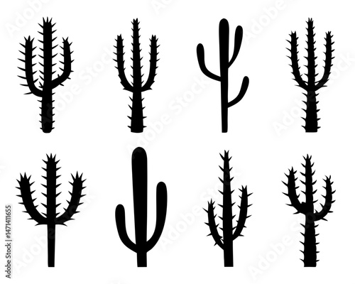 Simple Black Cactus Silhouette Icon Set, Bold Black Western Desert Style Plants
