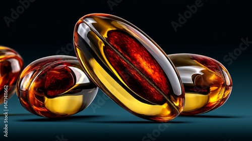Glossy amber capsules with a rich, vibrant color on a dark background