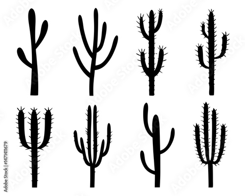 Simple Black Cactus Silhouette Icon Set, Bold Black Western Desert Style Plants
