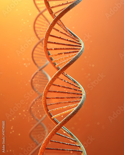 A close-up illustration of a dna double helix structure on an orange background