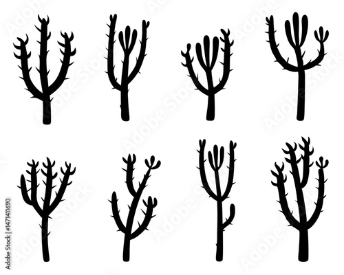 Simple Black Cactus Silhouette Icon Set, Bold Black Western Desert Style Plants

