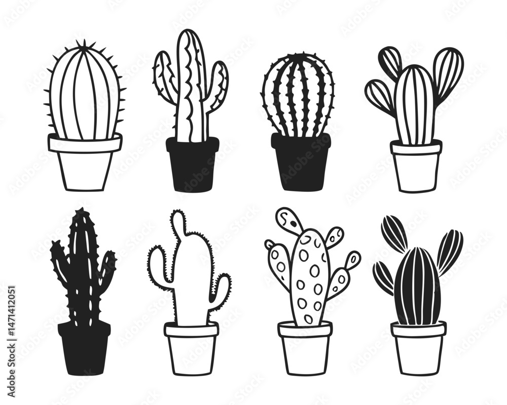 Fototapeta premium Cactus Line Art Vector Set – Succulent Plant Illustration