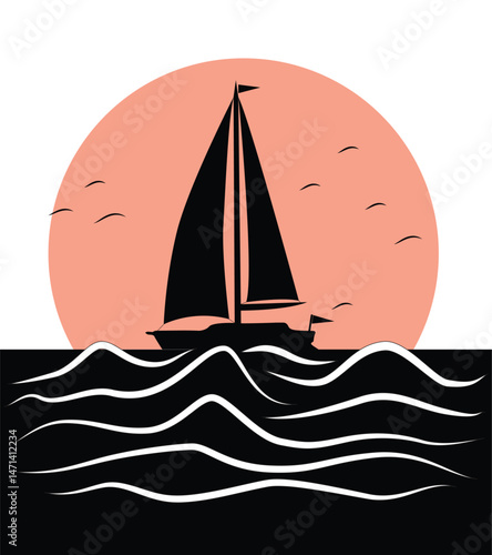 Boad on the sea wht birds cloudes and sun