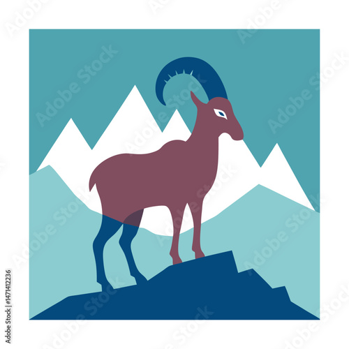 Stylized illustration of an ibex standing on a rocky outcrop with mountains in the background