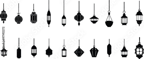 Set of hanging lanterns, Arabic vintage lamp silhouette vector graphic elements collection