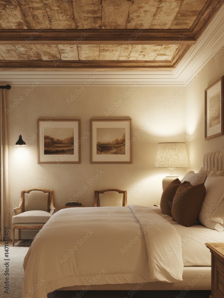 Fototapeta premium Elegant Bedroom Interior Design Neutral Tones Featuring Wooden Ceiling Art Landscape Paintings and Cozy Bedding