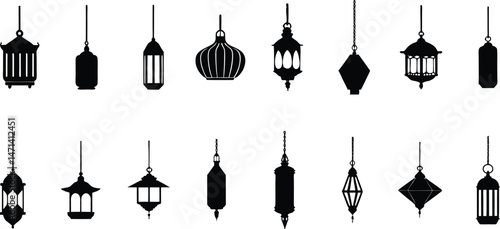 Set of hanging lanterns, Arabic vintage lamp silhouette vector graphic elements collection