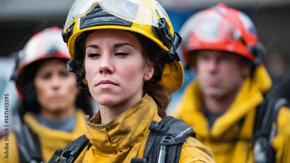 Firefighter's Determination: Portrait of a determined firefighter wearing a yellow helmet, embodies courage and resilience, a testament to their unwavering commitment. Firefighter's Determination: Portrait of a determined firefighter wearing a yellow helmet, embodies courage and resilience, a testament to their unwavering commitment.