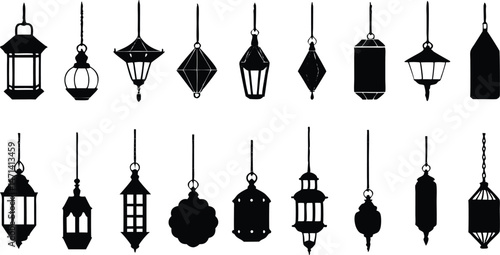 Set of hanging lanterns, Arabic vintage lamp silhouette vector graphic elements collection