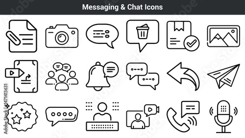 Collection of black and white line art icons for communication and messaging purposes