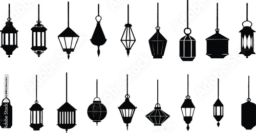 Set of hanging lanterns, Arabic vintage lamp silhouette vector graphic elements collection