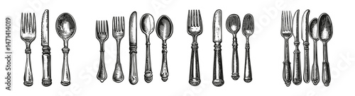 Vintage Cutlery Collection Illustration in Black and White Style