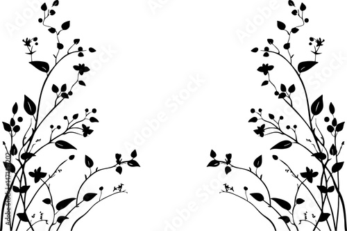 Small leaf plant silhouette pattern wallpaper. Black and white. minimal artwork. simple template. tattoo design. card and package. PNG tranparent.