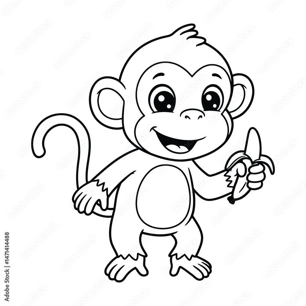 Cute Cartoon Monkey Sitting – Black and White Line Art Illustration Cute Cartoon Monkey Sitting – Black and White Line Art Illustration