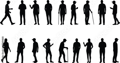 Set of black and white human silhouettes in various poses, showcasing diverse actions and interactions,  isolated vector illustration