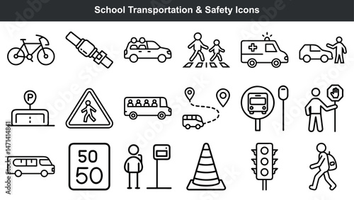 School transportation and safety icons illustrating concepts of road safety and travel