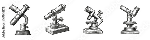 Vintage Scientific Instruments of Telescopes and Microscopes, Logo Design, Hand drawing Engraving, Vector Illustration Isolated Object