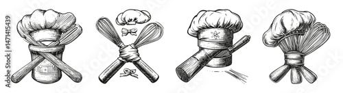 Vintage Chef Hat Illustrations for Culinary Arts and Cooking Designs, vector illustration, engraving design, logo design set, black and white line, template design element