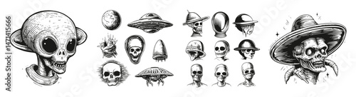 Intriguing Alien and Spaceship Illustrations from Outer Space Themes, vector illustration, engraving design, logo design set, black and white line, template design element