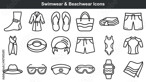 Collection of simple outline swimwear and beachwear icon set for summer holidays and travel
