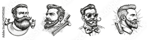 Vintage Barber Logo Collection Featuring Stylish Hipster Male Faces, vector illustration, engraving design, logo design set, black and white line, template design element
