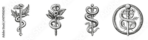 Detailed Illustration of Aesculapius Serpent Symbols for Medical Use, vector illustration, engraving design, logo design set, black and white line, template design element