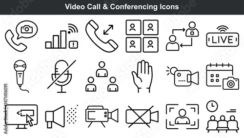 Collection of clean and minimalist black and white video call and conferencing icons