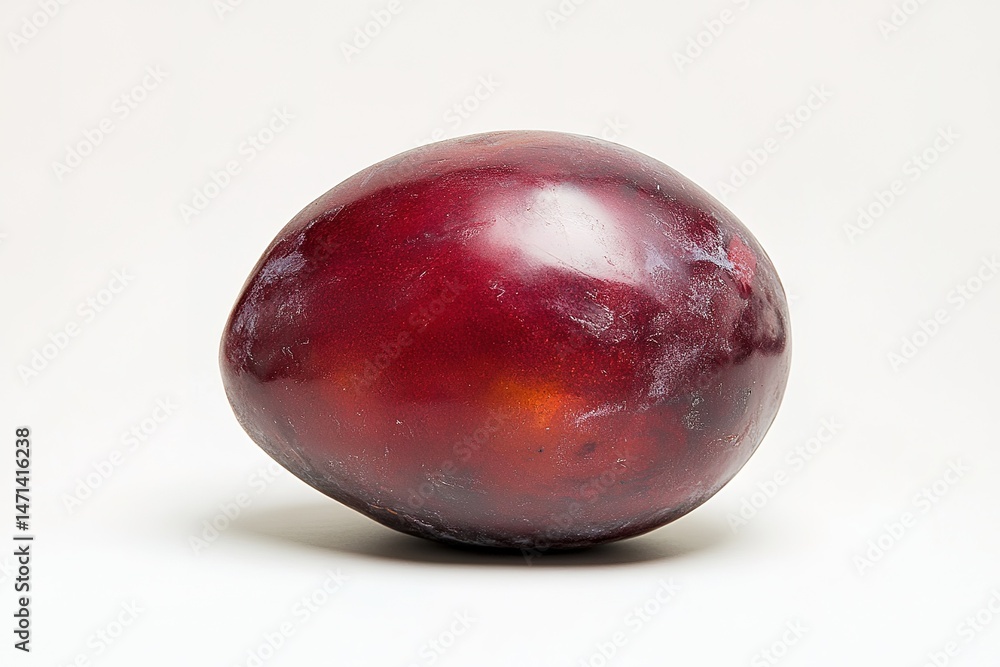 A single ripe plum, with its smooth skin and deep purple color, placed on a white background A single ripe plum, with its smooth skin and deep purple color, placed on a white background