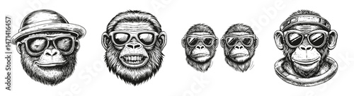 Stylish Gorillas in Sunglasses with Space Elements Vector Design, vector illustration, engraving design, logo design set, black and white line, template design element