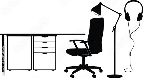 Silhouette of modern minimalist office setup including desk with drawers, swivel chair, floor lamp, and headphone stand