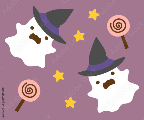 帽子をかぶったハロウィンのかわいいオバケとキャディ