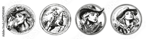 Vintage Illustrations of Cowgirl Portraits and Equestrian Life, vector illustration, engraving design, logo design set, black and white line